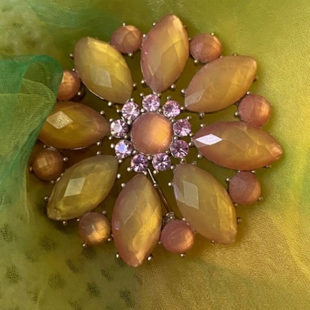 Jeweled Pin Brooch, pinks , gold metal, pink diamonds, rosegold coloring in gems